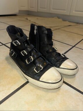 Ash Black Leather Buckle High-Top Sneakers with White Toe